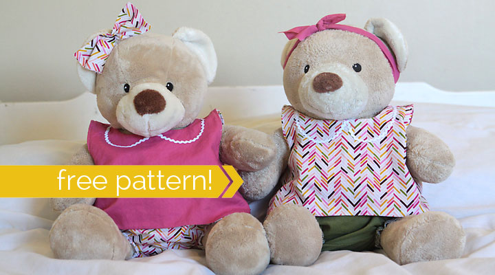 Teddy bears wearing clothes made from a free bear clothes sewing pattern