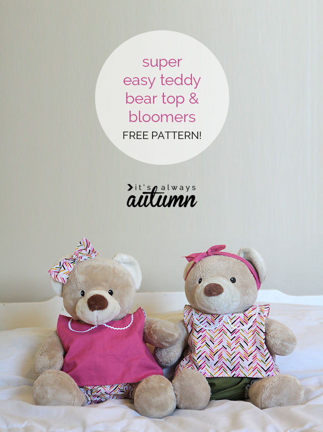 Teddy bears wearing handmade tops and bloomers