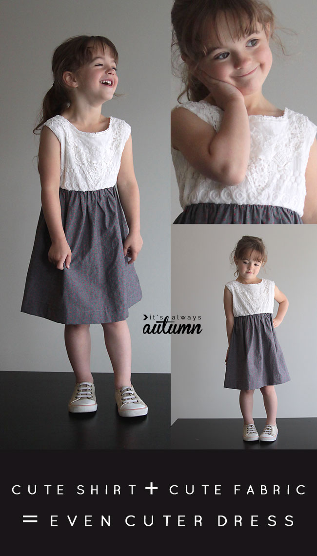 a little girl wearing a dress made from a shirt and attached skirt