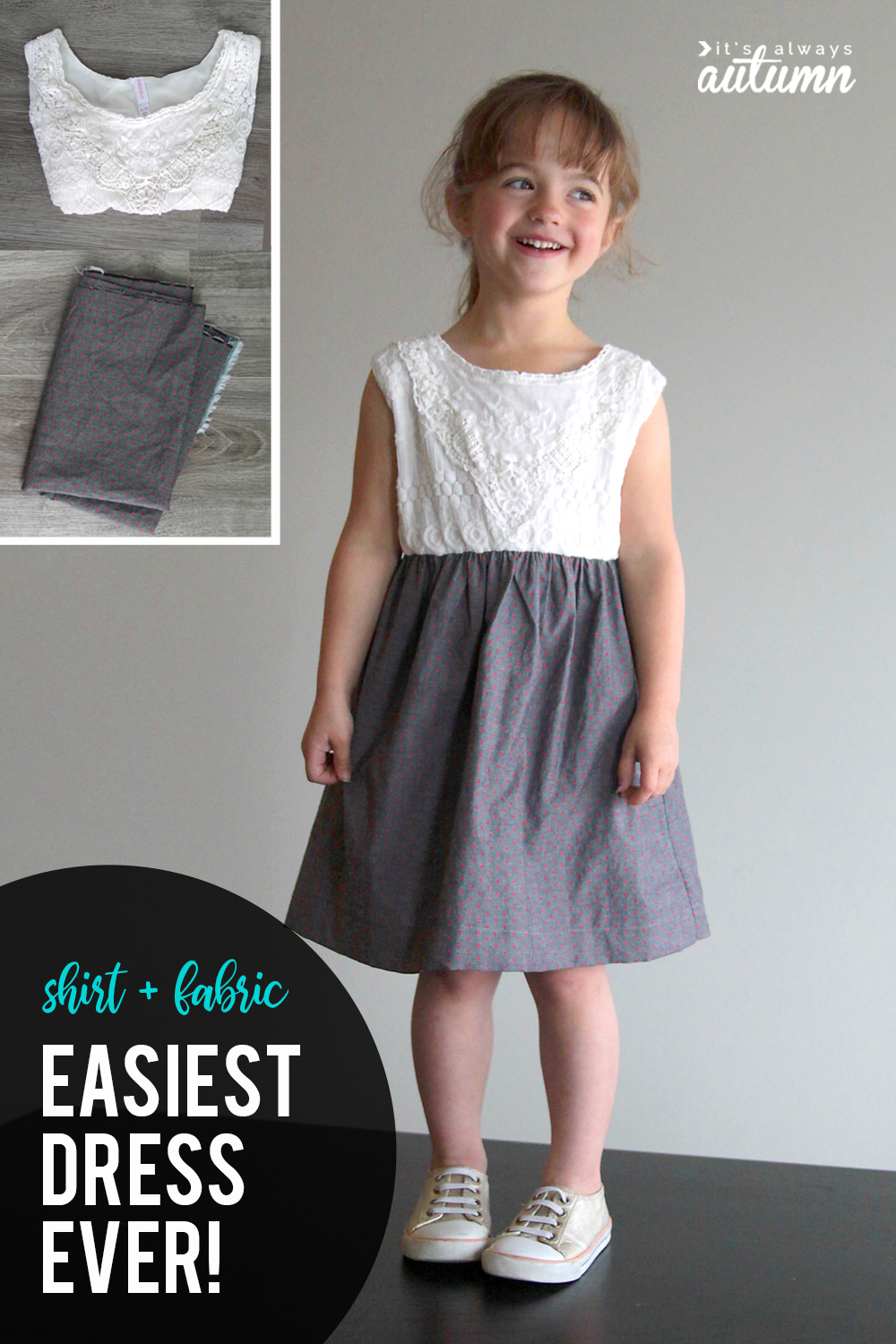 Make a super simple girls dress using a shirt and some cute fabric. Easy sewing tutorial. How to sew a dress.