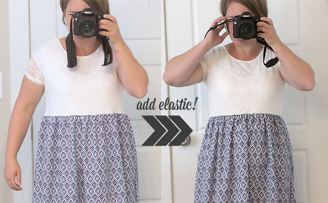 A person standing in front of a mirror posing for the camera, showing the difference between elastic and no elastic in the dress waist