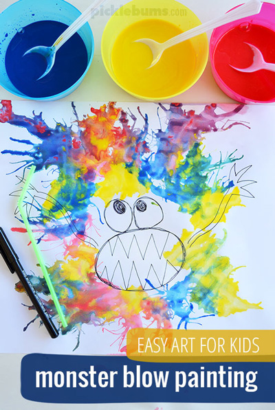Monster drawing with colorful paint and a straw