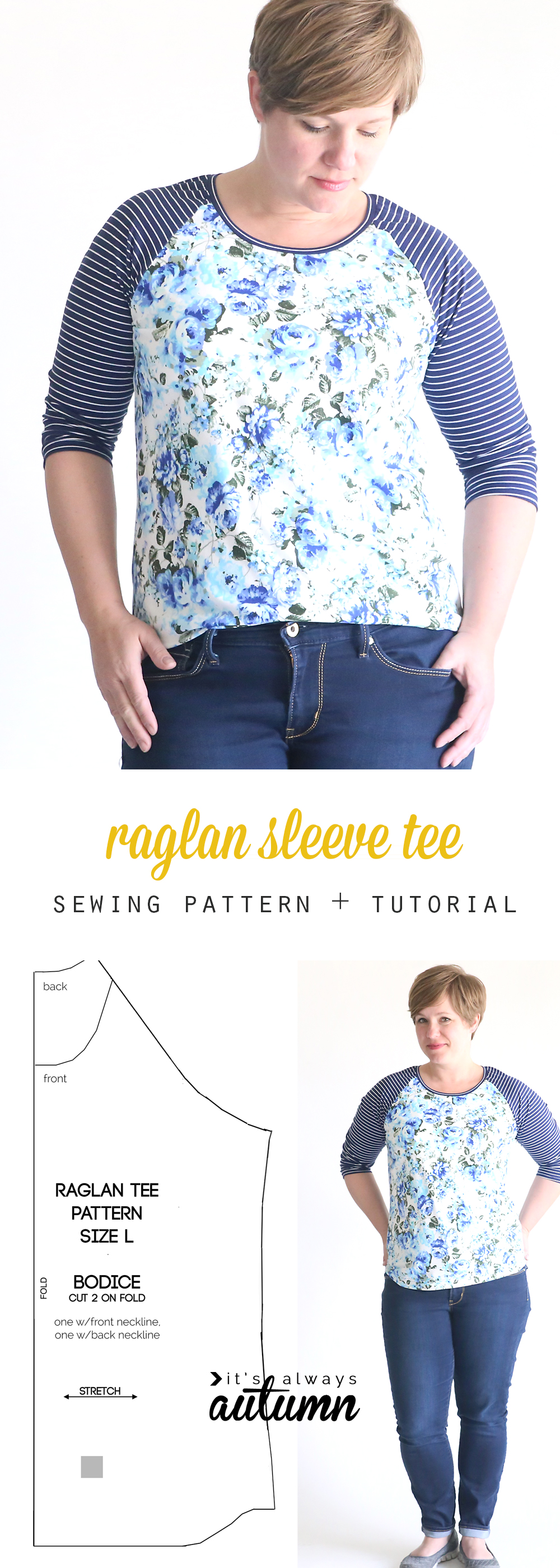 A woman wearing a raglan sleeve t-shirt and a sewing pattern
