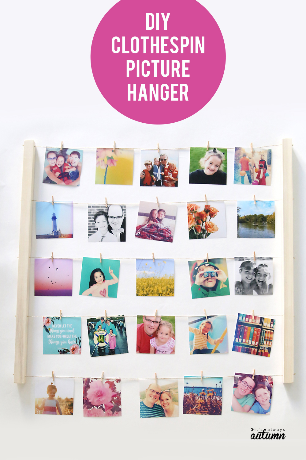 Hang pictures with fishing line and clothes pins!