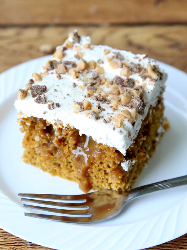 Quick + Easy Caramel Pumpkin Poke Cake Recipe Story - It's Always Autumn