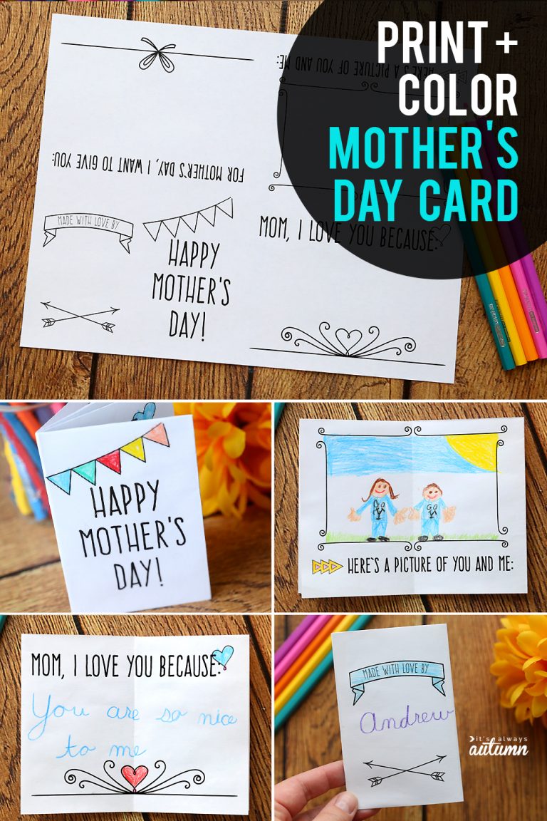 Adorable PRINT + COLOR Mother's Day card for kids - It's Always Autumn