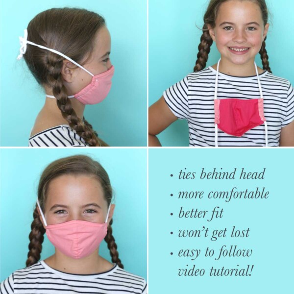 A girl wearing a face mask that ties behind the head