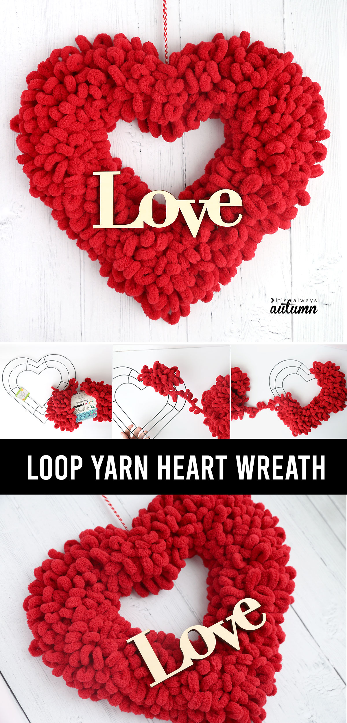 Yarn Wrapped Heart Wreath - Valentines Day - Ribbon