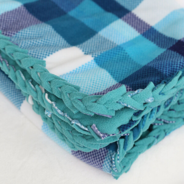 Tie Fleece Blanket Pink Grey Plaid Fringe Handmade 2-Layer 42x54