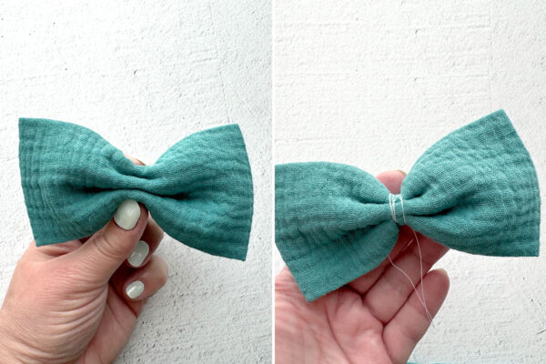 Small bow piece accordian folded to scrunch in the middle; tied with thread.