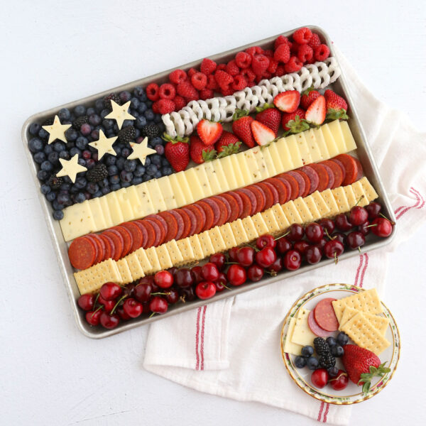 Charcuterie board in the shape of an American flag.