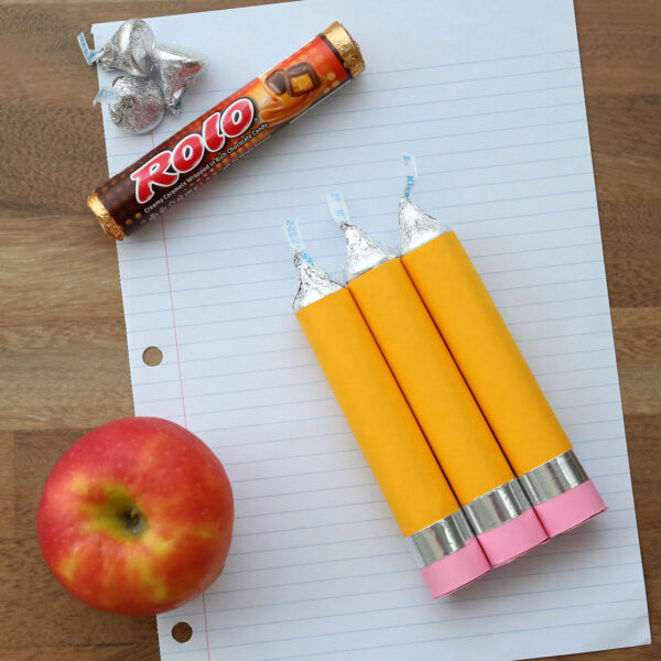 Candy pencils made from Rolos and Hershey kisses.