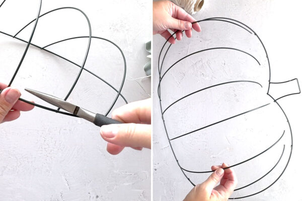 Using cutters on pliers to snip the wire ribs of the pumpkin away from the form at the top.