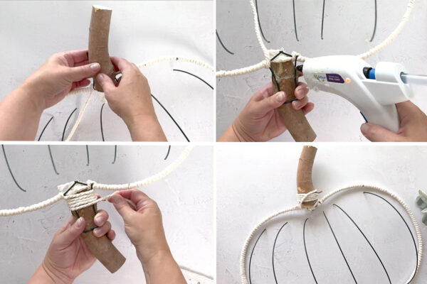 Attaching stick for stem with hot glue and wrapping it with cord.