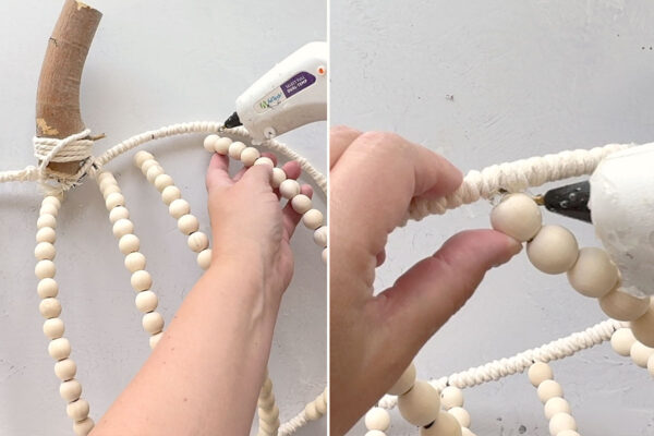 Hot gluing beaded ribs back to the main wreath form.