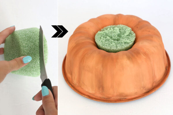 Cutting down the floral foam to fit inside bundt pan.