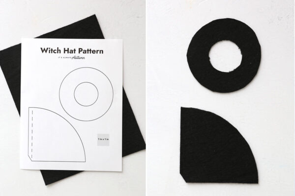 Cutting pieces for witch hat from felt.