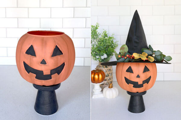 Pumpkin glued to a candle holder; witch hat glued on top of pumpkin.